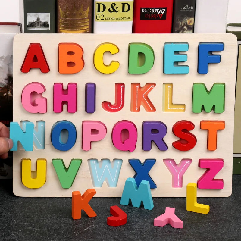 Kids Wooden 3D Alphabet Number Puzzle Baby Colorful Letter Digital Geometric Educational Toy For Toddler Boy Girl Gift