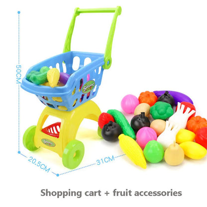 25Pcs/Set Kids Supermarket Shopping Groceries Cart Trolley Toys For Girls Kitchen Play House Simulation Fruits Pretend Baby Toy