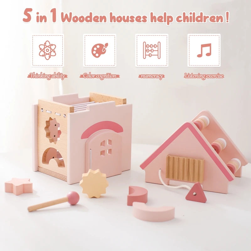 Baby Montessorri Toys Wooden Five-in-one Wooden Multifunctional Toys Activity Cube Silicone Geometric Blocks Educational Toys
