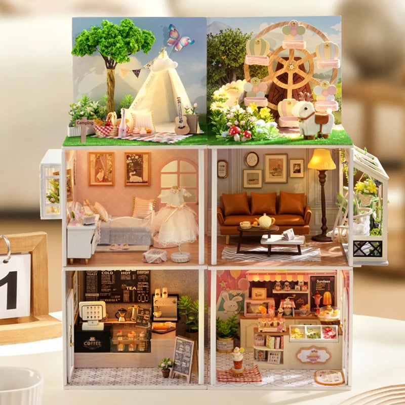 DIY Wooden Miniature Kits Doll House With Furniture Ice Cream Coffee Shop Casa Dollhouse Toys for Adults Girls Birthday Gifts