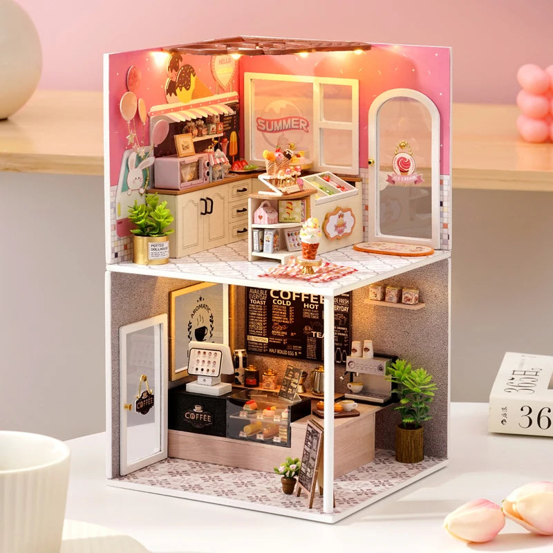 DIY Wooden Miniature Kits Doll House With Furniture Ice Cream Coffee Shop Casa Dollhouse Toys for Adults Girls Birthday Gifts