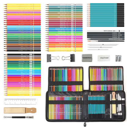 102PCS Drawing Pencils Set Sketch Colored Pencils Watercolor Metallic Oily Complete Beginner Kit Art Supplies with Canvas Casese
