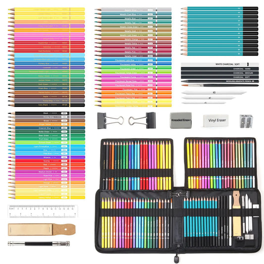 102PCS Drawing Pencils Set Sketch Colored Pencils Watercolor Metallic Oily Complete Beginner Kit Art Supplies with Canvas Casese