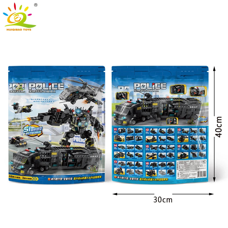 HUIQIBAO SWAT Police Station Truck Model Building Blocks City Machine Helicopter Car Figures Bricks Educational Toy For Children