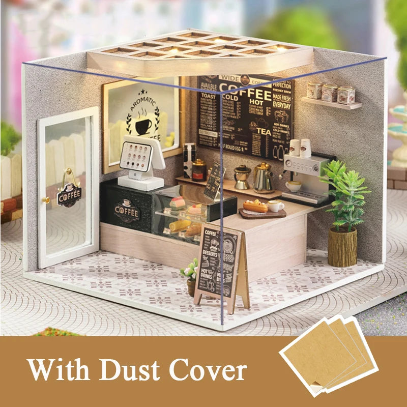 DIY Wooden Miniature Kits Doll House With Furniture Ice Cream Coffee Shop Casa Dollhouse Toys for Adults Girls Birthday Gifts