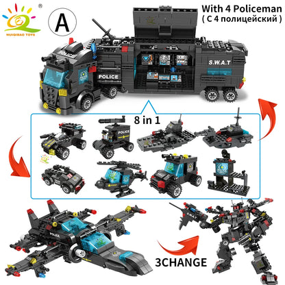 HUIQIBAO SWAT Police Station Truck Model Building Blocks City Machine Helicopter Car Figures Bricks Educational Toy For Children