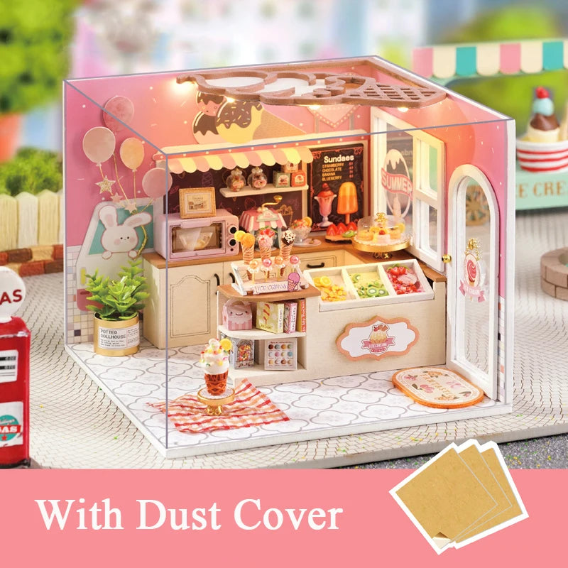 DIY Wooden Miniature Kits Doll House With Furniture Ice Cream Coffee Shop Casa Dollhouse Toys for Adults Girls Birthday Gifts