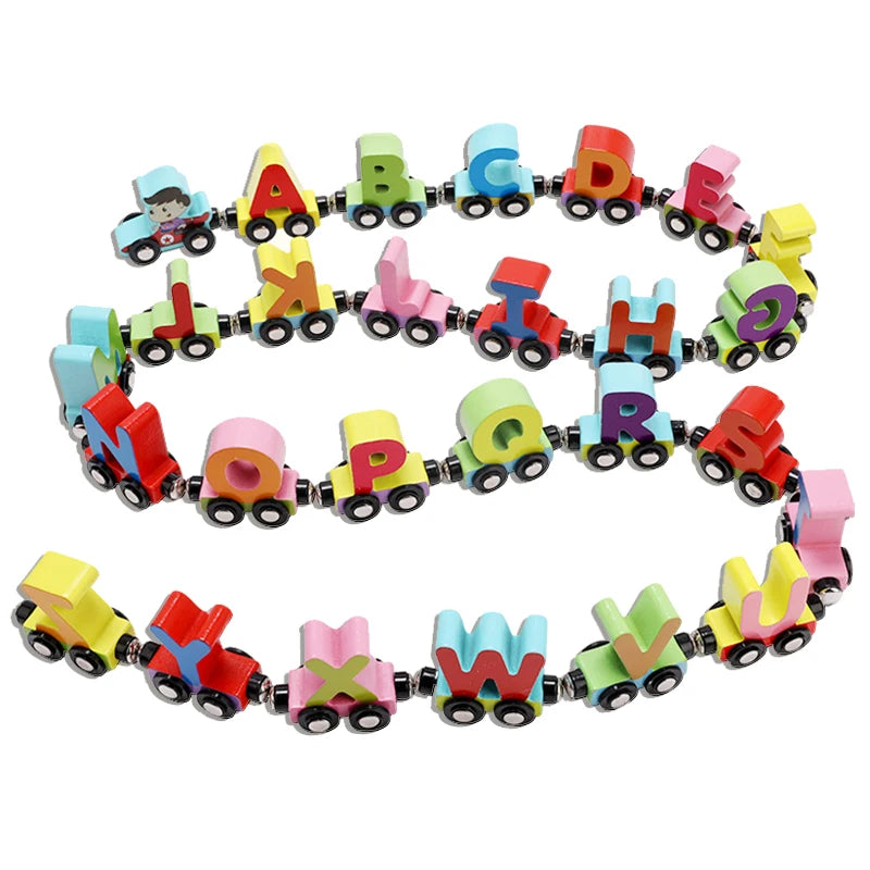 Magnetic Wooden Train Set Toy Children Cartoon Cars Truck Set