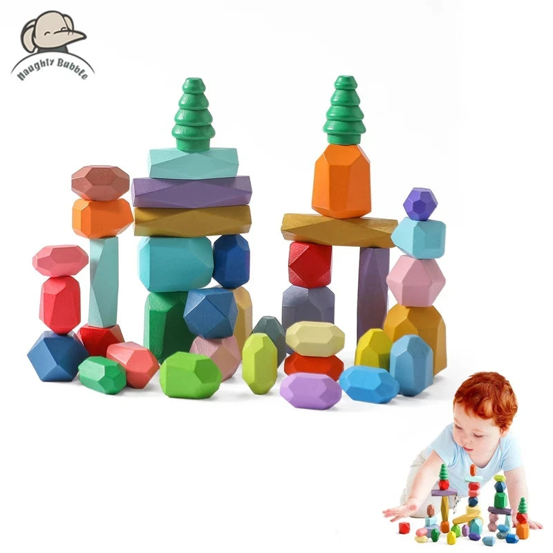 Wood Rainbow Stones Block Colorful Wooden Building Block Rainbow Stacker Balancing Stone Montessori Educational Toy Children
