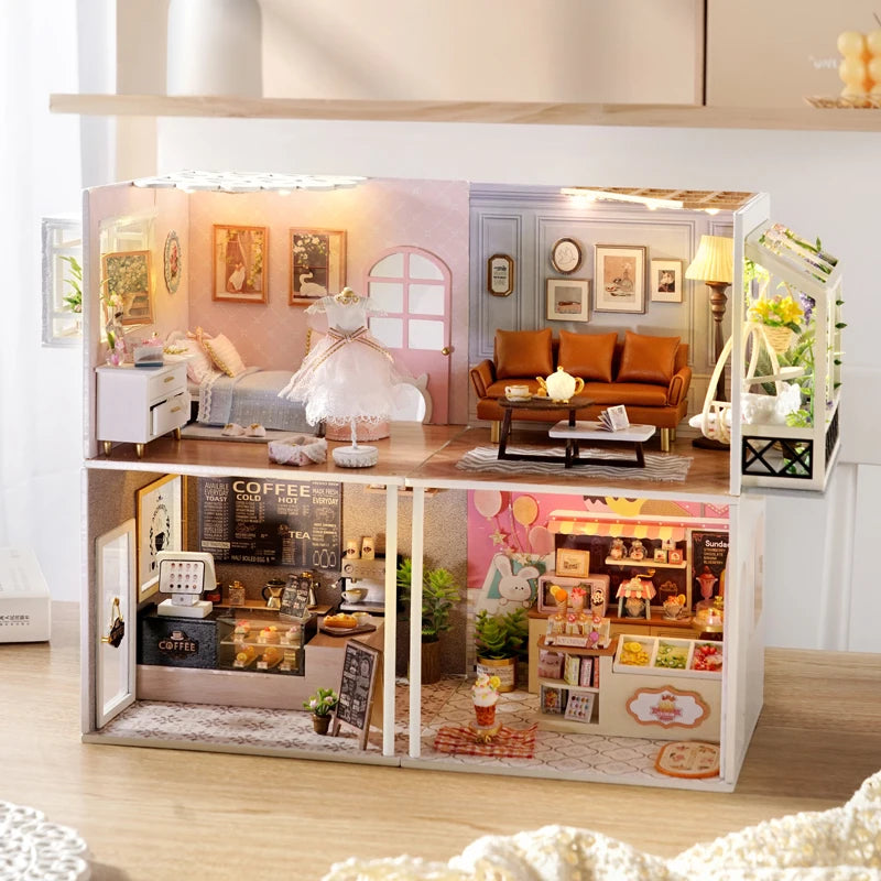 DIY Wooden Miniature Kits Doll House With Furniture Ice Cream Coffee Shop Casa Dollhouse Toys for Adults Girls Birthday Gifts