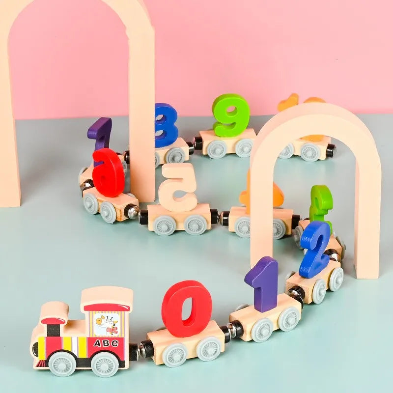 Magnetic Wooden Train Set Toy Children Cartoon Cars Truck Set