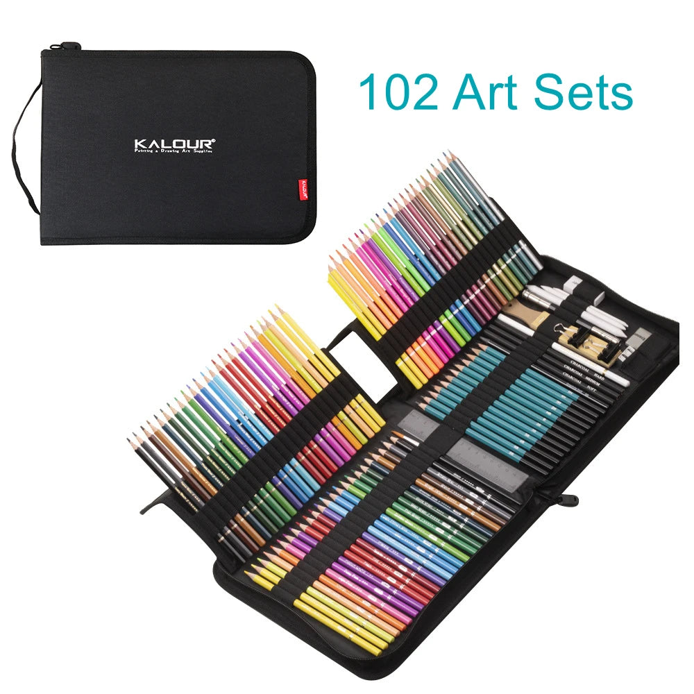 102PCS Drawing Pencils Set Sketch Colored Pencils Watercolor Metallic Oily Complete Beginner Kit Art Supplies with Canvas Casese