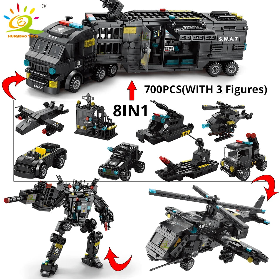 HUIQIBAO SWAT Police Station Truck Model Building Blocks City Machine Helicopter Car Figures Bricks Educational Toy For Children