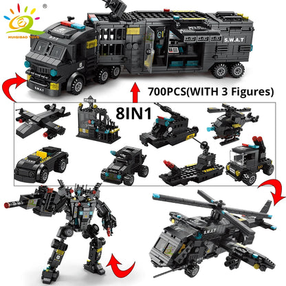 HUIQIBAO SWAT Police Station Truck Model Building Blocks City Machine Helicopter Car Figures Bricks Educational Toy For Children
