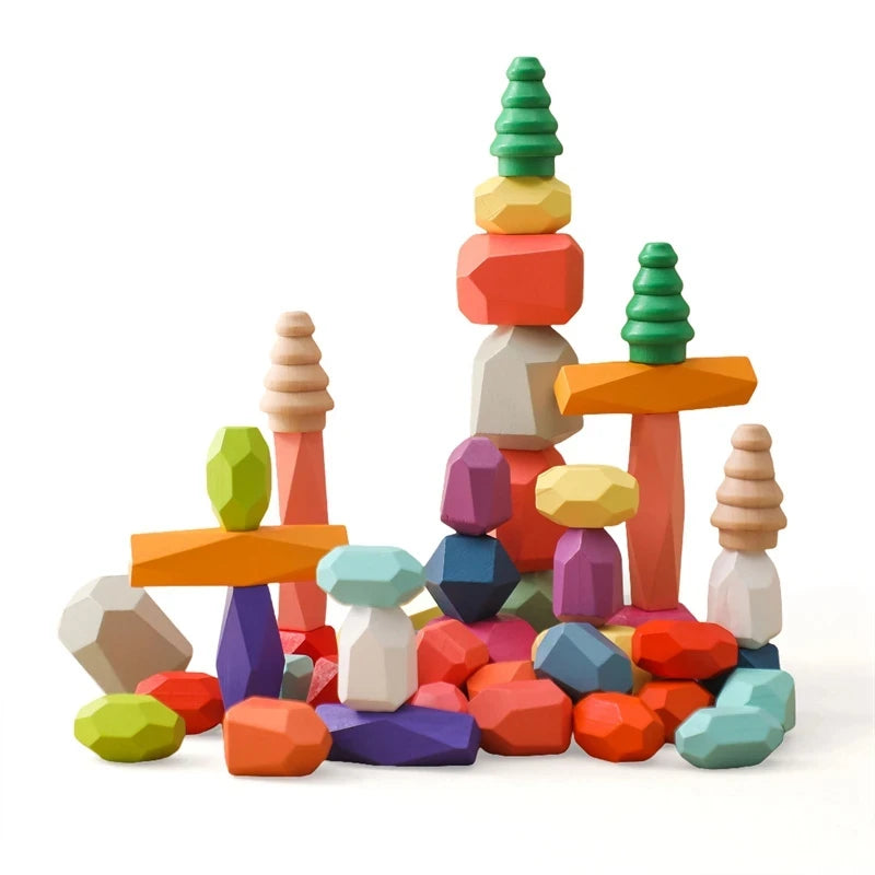 Wood Rainbow Stones Block Colorful Wooden Building Block Rainbow Stacker Balancing Stone Montessori Educational Toy Children