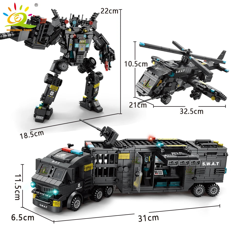 HUIQIBAO SWAT Police Station Truck Model Building Blocks City Machine Helicopter Car Figures Bricks Educational Toy For Children