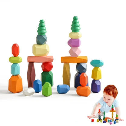 Wood Rainbow Stones Block Colorful Wooden Building Block Rainbow Stacker Balancing Stone Montessori Educational Toy Children