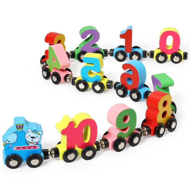 Magnetic Wooden Train Set Toy Children Cartoon Cars Truck Set